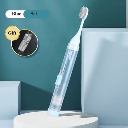 Portable 3 in 1 toothbrush lifestyle shot ideal for travel camping and on-the-go use