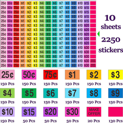 YSHIHE Garage Sale Price Stickers, 2250 Pcs Preprinted Rectangle Removable Labels, 1/2" x 3/4", for Yard Sale and Flea Market