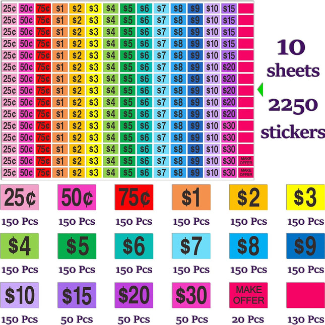 Garage Sale Price Stickers, 2250 Pcs Preprinted Rectangle Removable Labels, 1/2" x 3/4", for Yard Sale - photo 2