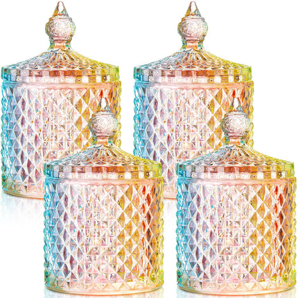 4 Pcs Crystal Glass Candy Jar Set with Lids Home Decorative Storage Jars for Apothecary, Bathroom, Kitchen, and Pantry, Ideal for Cotton Swabs and Jewelry (Medium,Green)