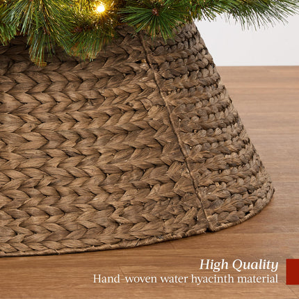 36in Christmas Tree Collar, Woven Hyacinth 3-Piece Holiday Rattan Tree Skirt Accessory for Home w/Cord Cut-Out - Chestnut
