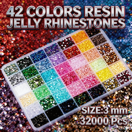 Ayzololo 42 Colors Resin Jelly Rhinestones for Bedazzling, 3mm 32000Pcs Flatback Gems Bedazzler Kit with 3Pcs 10ml B7000 Glue, Tweezer & Pickup Pen for Nail Art, DIY Crafts, Phone Cases