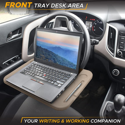 EcoNour 2 in 1 Car Steering Wheel Desk (Beige) | Steering Wheel Tray for Laptop, Eating, Drinks | Rectangular ABS Car Tray with Pen Holder & Cup Holder