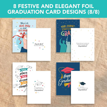 Decorably 16 Pack Foiled 5x7in Inspirational Graduation Cards Assortment with Envelopes & Stickers - 8 Festive Designs for College, Highschool, Her, Him, with Printed Message Inside - Gifting, Mailing