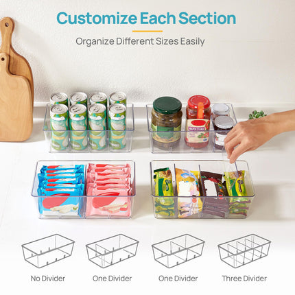 8 Pack Food Storage Organizer Bins, Clear Plastic, 4 Compartments