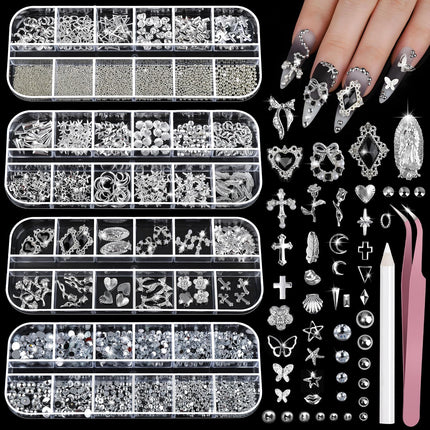 Gold Nail Charms and Gems Set, 4 Boxes Nail Gems Nail Pearls Nail Art Tools, 3D Cross Nail Charms Heart Nail Rhinestones for Nails Supplies, Charms for Nails Design Nail Art Kit