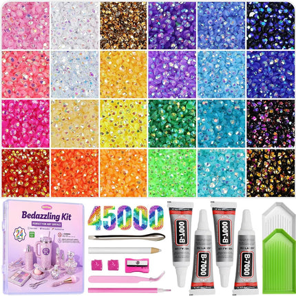 45000Pcs Resin Jelly Rhinestones for Bedazzling, 3mm Multicolor Flatback Rhinestones, Bedazzling Kit with 4Pcs B7000 Jewelry Glue and Tools, Bedazzler Kit for Crafting Book Clothes Makeup Shoes