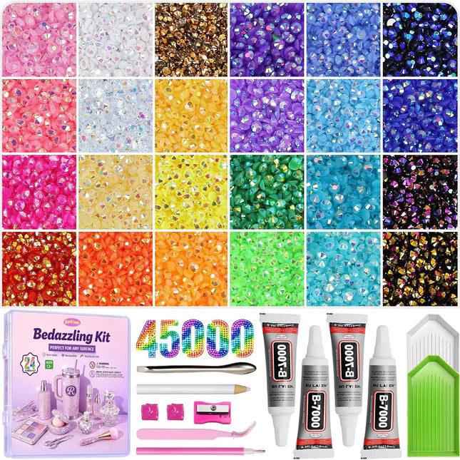 45000Pcs Resin Jelly Rhinestones for Bedazzling, 3mm Multicolor Flatback Rhinestones, Bedazzling Kit with 4Pcs B7000