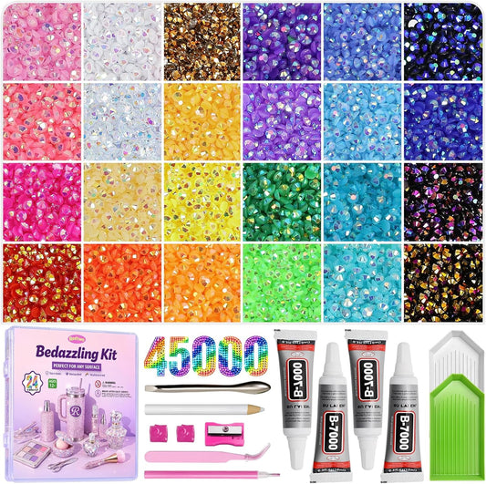 45000Pcs Resin Jelly Rhinestones for Bedazzling, 3mm Multicolor Flatback Rhinestones, Bedazzling Kit with 4Pcs B7000