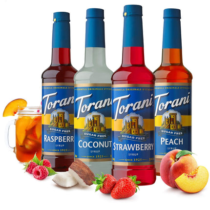 Torani Sugar Free Flavored Drink Syrup Soda Flavors Variety Pack, Raspberry, Coconut, Strawberry & Peach, 25.4 fl oz, (Set of 4)
