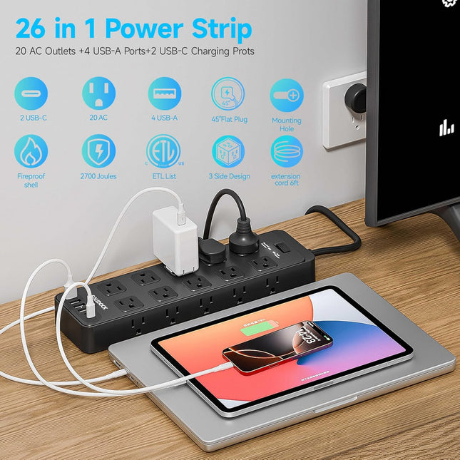 20 Outlet Power Strip with USB C,6Ft Extension Cord with Multiple Outlets