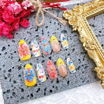 30Pcs Summer Press on Nails Medium Almond 3D Lemon French Tip Fake Nails with Gold Beads Summer Fruit Acrylic Nails 3D Flower False Nail Kit Blueberry Cherry Flowers Full Cover Glue on Nails for Women