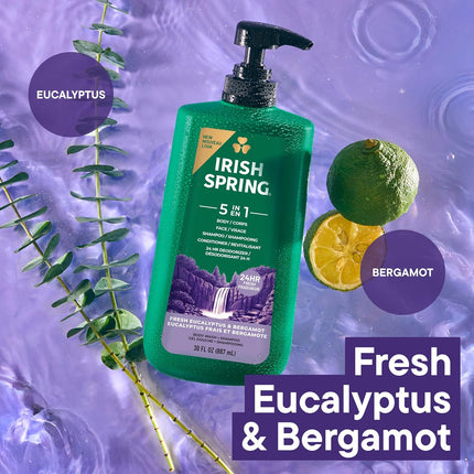 Irish Spring 5 in 1 Moisturizing Body Wash for Men, Shampoo, Conditioner, Body and Face Wash, and 24 Hour Deodorizer, Paraben-Free, Fresh Eucalyptus & Bergamot Scent, 30 fl oz - Packaging may vary
