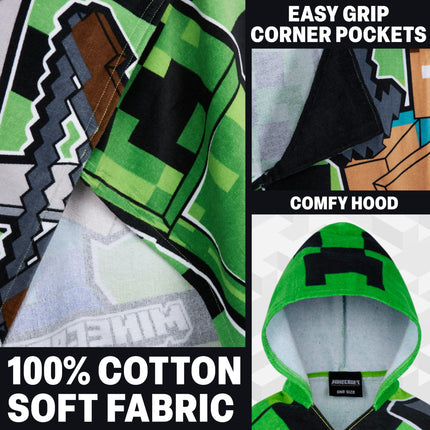 Minecraft Towelling Poncho Kids Teenagers Hooded Bath Towels Absorbent Creeper Beach Towel for Bathroom Pool Vacation Holiday Essentials (Green/Black, 6-14 Years)