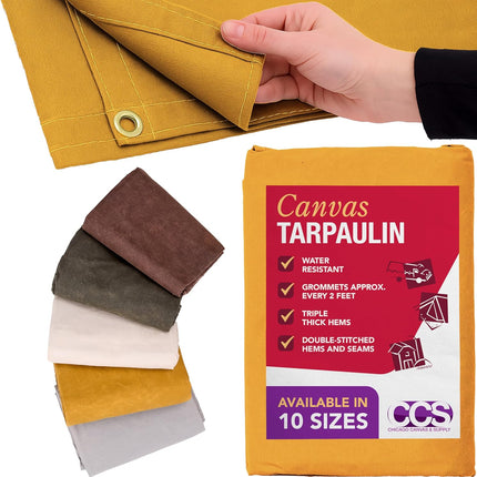 CCS Waterproof Canvas Tarp Cover – Heavy Duty Duck Cloth, Waxed Canvas Tarpaulin with Rustproof Brass Grommets for Camping, Construction, Equipment & Outdoor Use (Gold, 7x9 Ft)