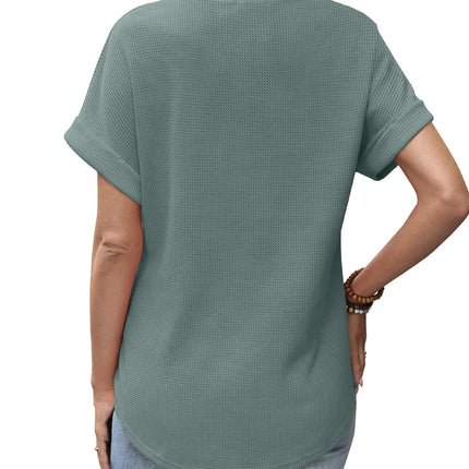 Blusas de verano para mujer 2026, camisas de manga corta enrollada, punto waffle, cuello redondo, dobladillo curvo