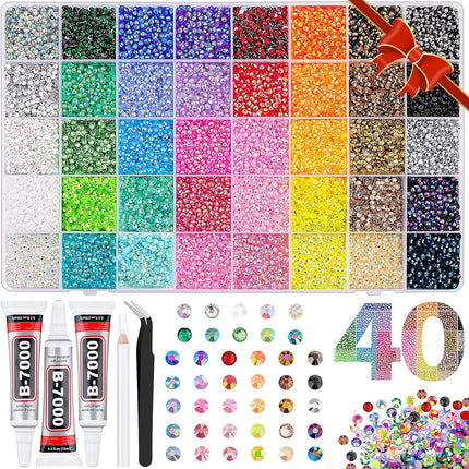 36000Pcs 40 Colors Resin Jelly Rhinestones Kit with B7000 Glue & Tools, Bedazzling Kit, Bedazzler Kit with Rhinestones for Shoes, Clothes, Nail Art, DIY Crafts & Rhinestones for Bedazzling (3mm)