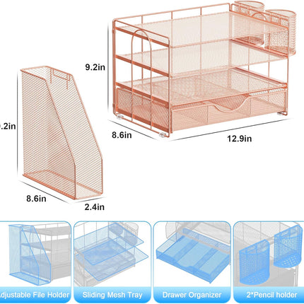 gianotter Desk Organizers and Accessories with File Holder, 4-Tier Desk Accessories & Workspace Organizers with Drawer and 2 Pen Holder, Paper Organizer for Office Supplies (Rose Gold)