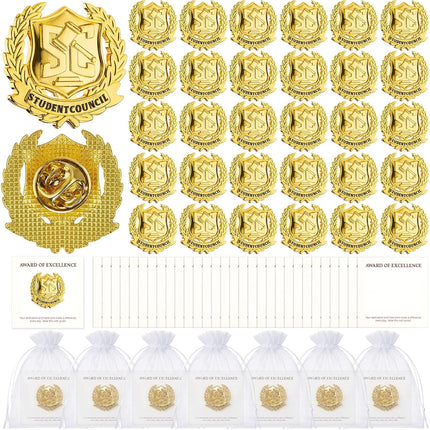Sureio 30 Set Student Council Lapel Pins Bulk 2026 Graduation Souvenir Gifts Gold School Award Badges 1 Inch with Card, Organza Bag for Student Teacher Congrat Grad Party