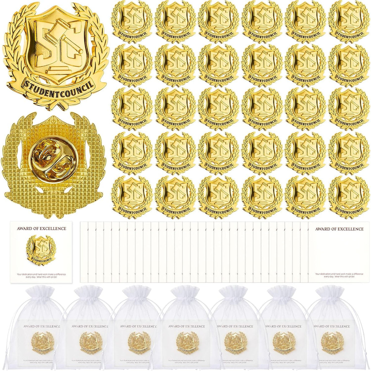 30 Set Student Council Lapel Pins Bulk 2026 Graduation Souvenir Gifts Gold School Award Badges 1 Inch with Card