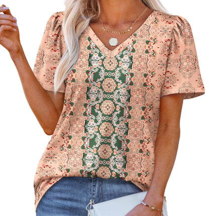 T Shirts for Women V Neck Dressy Casual Blouses Puff Short Sleeve Summer Tops Loose Fit