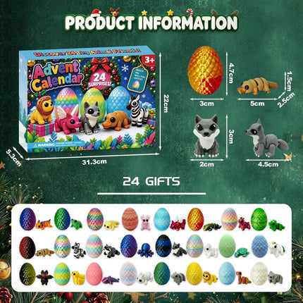 2026 Advent Calendar for Kids: 24days Countdown Calendar 24pack 3d-Printed-Eggs with 3d-Animals Toys, Gifts for Kids Boys Girls