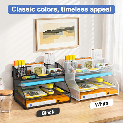 4 Tier Desk Orgnizers and Accessories, Metal Magazine File Holder with Pencil Holder and Handles, Space Saving Desktop Storage for School Office Supplies(Black)