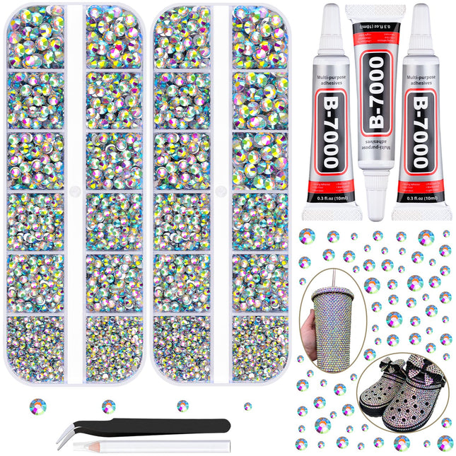 SourcetoHome 12100Pcs Resin Rhinestones for Crafting with 3Pcs 10ml B7000 Jewelry Glue, 2 Boxes Flatback Crystals Diomand (AB) for Bedazzling Crafts DIY Nail Art Makeup，Non Hotfix Gems for Clothing Shoes - General - front view