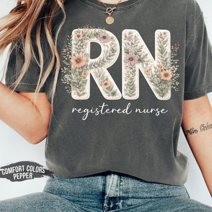 Floral RN Registered Nurse Comfort Colors T-Shirt Cute Botanical Nurse Shirt Healthcare Worker Gift