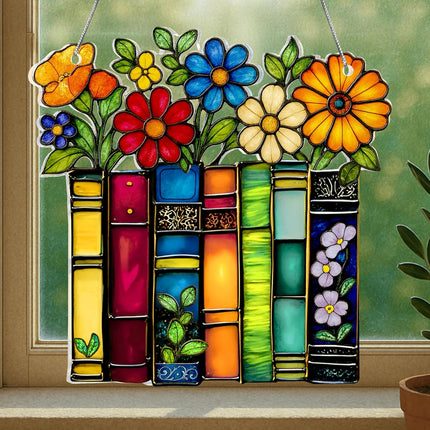 Book Lovers Gifts for Women, Mom, Graduation Day Gifts for Teacher, Librarian, Reader, Bookworm, Book Ornament Faux Stained Glass Window Hanging, Bookish Stocking Stuffer Decor