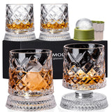 Spinning Whiskey Glasses Set of 4, 9.5 oz Smooth Rotating Bases, Gift Box