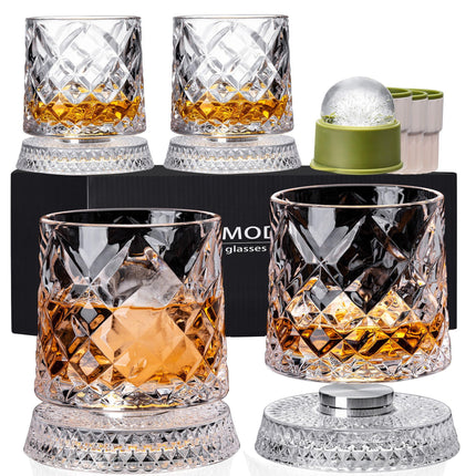 Spinning Whiskey Glasses Set of 4, 9.5 oz Smooth Rotating Bases, Gift Box