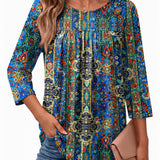 Womens 3/4 Length Sleeve Tops Boho Blouses Casual Pleated Shirts