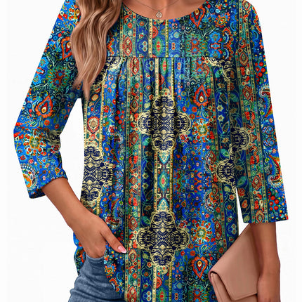 Womens 3/4 Length Sleeve Tops Boho Blouses Casual Pleated Shirts