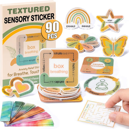90 Pcs Calm Stickers for Anxiety Sensory Strips - 2 Textured Fidget Strips for Desk Kids Mood Calming, Mindfulness Box Breathing Stickers for Adults, Anxiety Relief at Classroom Therapy Office