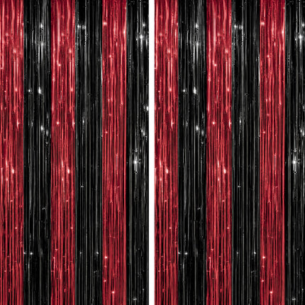 2 Pack Foil Fringe Backdrop - Red&Black Shiny Tinsel Curtains for Party Decoration/Photo Booth Props - 3.3x6.6 FT Metallic Foil Backdrop for Birthday, Wedding, Graduation, Christmas.