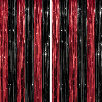2 Pack Foil Fringe Backdrop - Red&Black Shiny Tinsel Curtains for Party Decoration/Photo Booth Props - 3.3x6.6 FT Metallic Foil Backdrop for Birthday, Wedding, Graduation, Christmas.