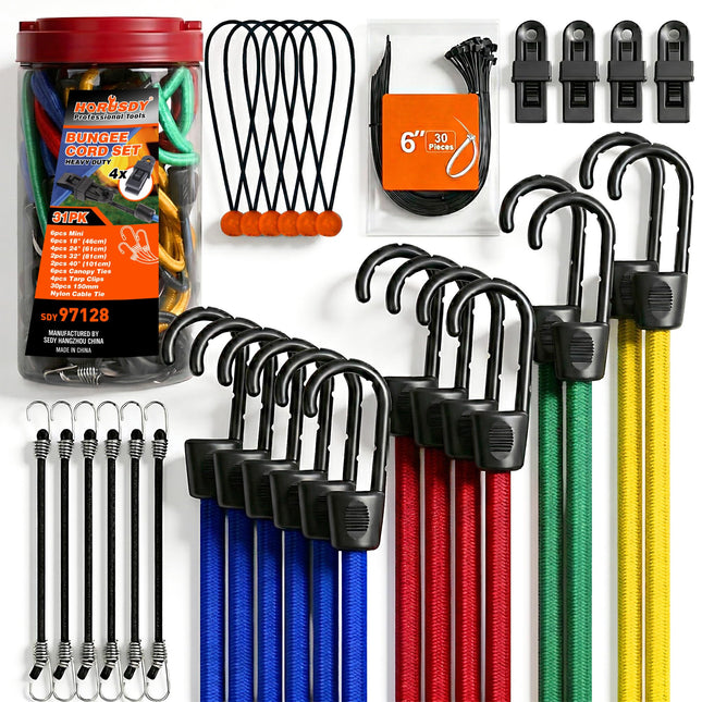 31-Piece Bungee Cords Assortment Jar, Includes 10”,18”,24”,32”,40” Bungee Cords, 6“ Zip Ties, 8”Canopy/Tarp Ball Ties