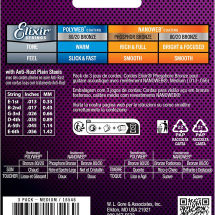 Elixir Strings, Acoustic Guitar Strings, Phosphor Bronze with NANOWEB Coating, Longest-Lasting Rich and Full Tone with Comfortable Feel, 6 String Set, 3 Pack, Medium 13-56