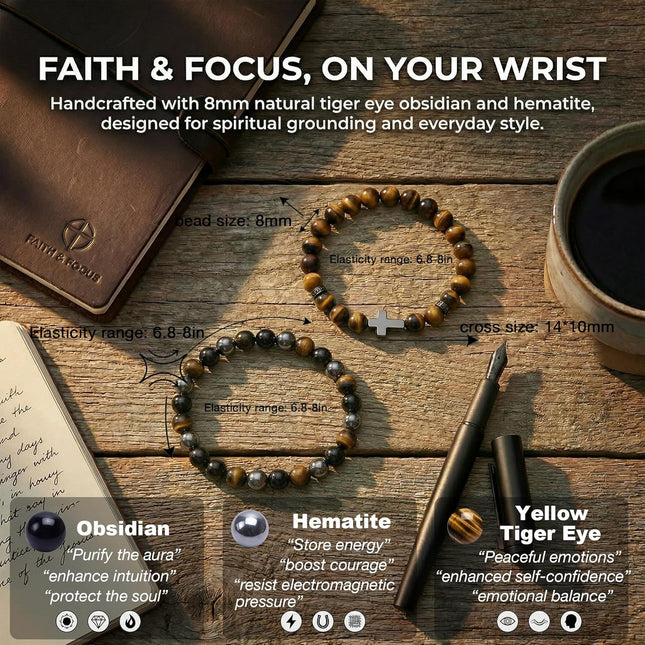 Cross Bracelet for Men with Black Obsidian, Hematite & Yellow Tiger Eye Beads