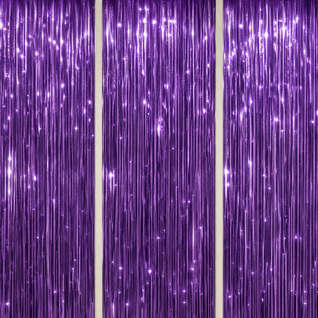 Fondo de flecos metálicos 3 Pack - Cortinas de oropel morado brillante para decoración de fiestas y accesorios de fotos - Fondo metálico de 3.3x8.2 FT para cumpleaños, boda, graduación, Navidad.