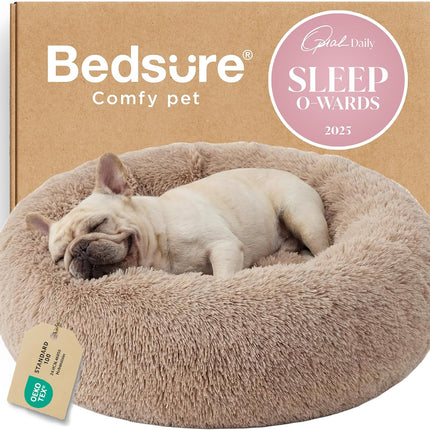 Bedsure Calming Dog Bed Medium Size Dog - Donut Washable Medium Pet Bed, 30 inches Anti-Slip Round Fluffy Plush Faux Fur Cat Bed, Fits up to 45 lbs Pets, Camel