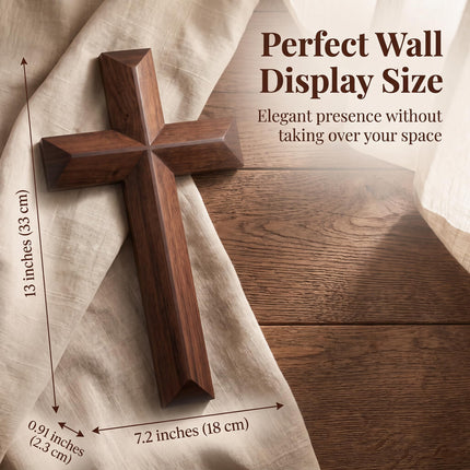 13 Inch Black Walnut Wood Cross with Natural Grain, Christian Wall Decor, Wooden Hanging Cross for Church Home Office Religious Gift