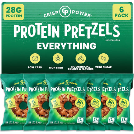 Protein Pretzels, Everything, 28G Protein, High Protein Snack, High Fiber, Low Carb Crunchy Pretzel Snacks, No Added Sugar, 1.75 oz Bags, 6 Pack, Vegan, Keto