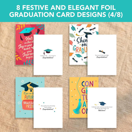 Decorably 16 Pack Foiled 5x7in Inspirational Graduation Cards Assortment with Envelopes & Stickers - 8 Festive Designs for College, Highschool, Her, Him, with Printed Message Inside - Gifting, Mailing