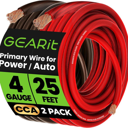 GEARit 4 Gauge Wire, CCA Electrical Wire Extension Cord for Automotive Power/Ground, Battery Cable, Car Audio, RV, Amp Wiring Kit, (25 feet Each- Black/Red Translucent)