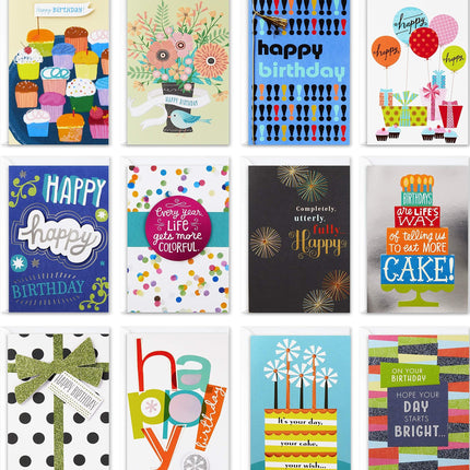 Birthday Cards with Envelopes, Assorted 12-Pack (Happy!)