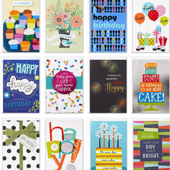 Birthday Cards with Envelopes, Assorted 12-Pack (Happy!)