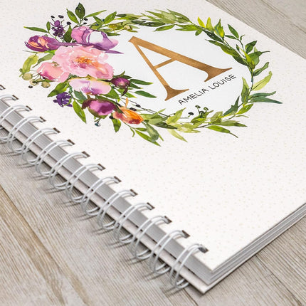 Personalized Baby Journal - Hardcover First Year Album Customized with Baby’s Name & Initial - Prompted Baby Memory Book (Floral Wreath Initial)