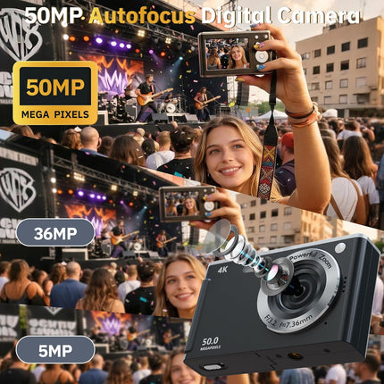 4K Digital Camera for Photography Autofocus,16X Zoom, 50MP Portable Compact Point and Shoot Digital Camera,Compact Travel Cameras for Beginners with 32GB Card, 2 Batteries, Black